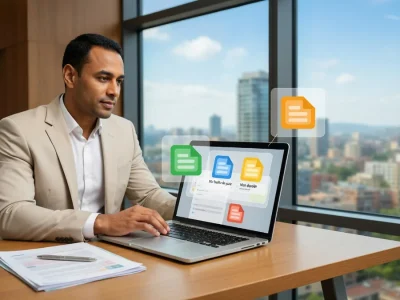 Un homme en costume utilise Myarkevia sur son laptop avec des icônes de documents dans un bureau