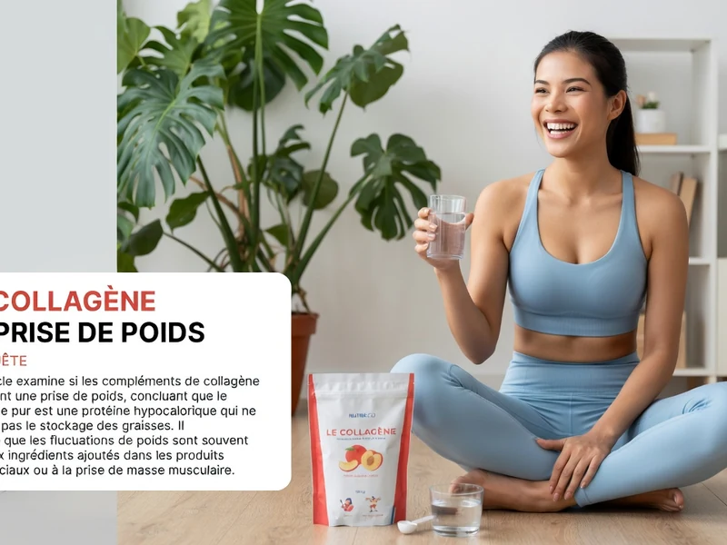 Une femme souriante en tenue de sport s'interroge sur le collagène et prise de poids avant de boire son complément