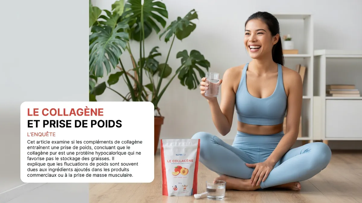 Une femme souriante en tenue de sport s'interroge sur le collagène et prise de poids avant de boire son complément