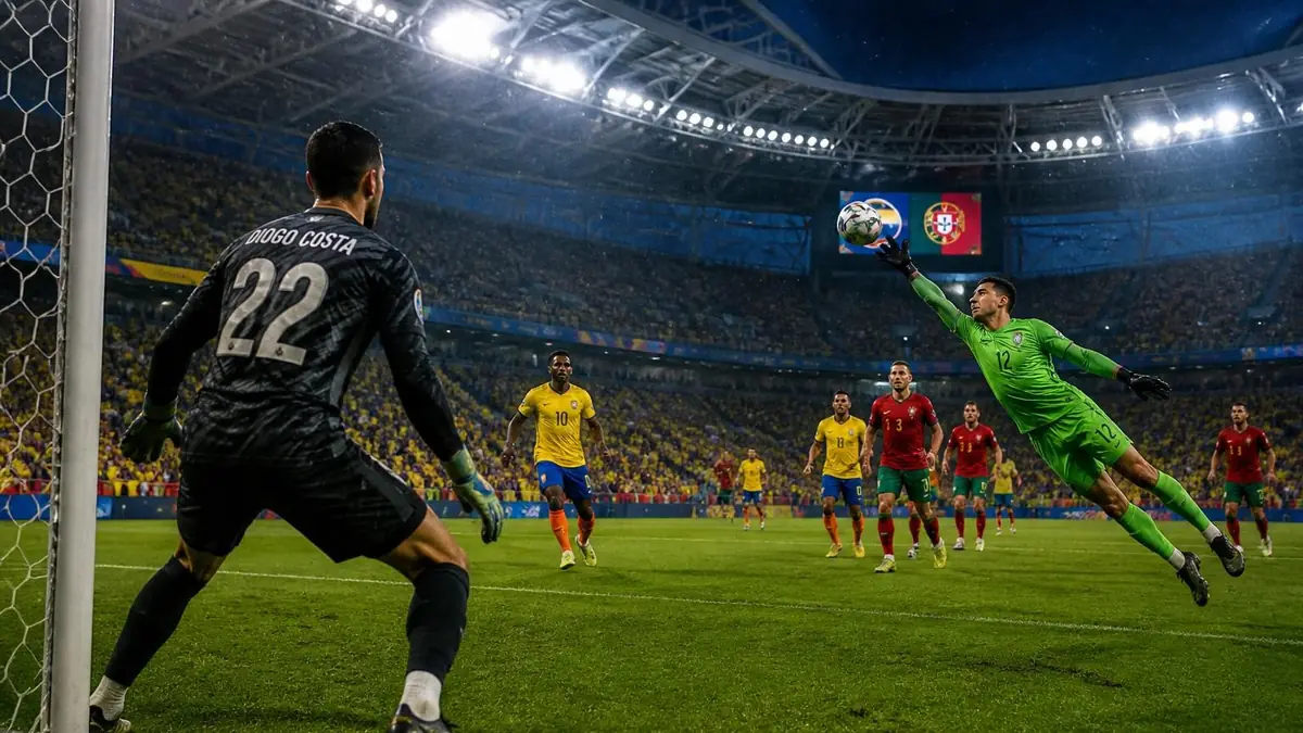 Un gardien effectue une parade spectaculaire lors du match Colombie – Portugal dans un stade rempli