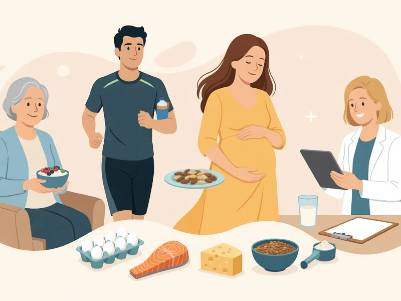 Une nutritionniste explique combien de protéine par jour à une femme enceinte, un sportif et une âgée entourés d'aliments