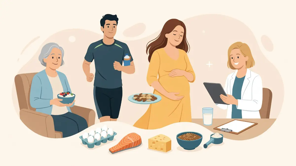 Une nutritionniste explique combien de protéine par jour à une femme enceinte, un sportif et une âgée entourés d'aliments