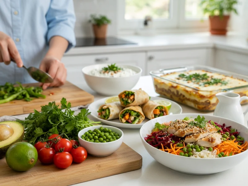 Vue d'une cuisine lumineuse présentant une recette simple healthy avec de nombreux ingrédients frais