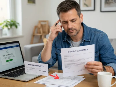 Un homme soucieux examine des documents afin de comprendre comment annuler un bon de commande signé avec acompte