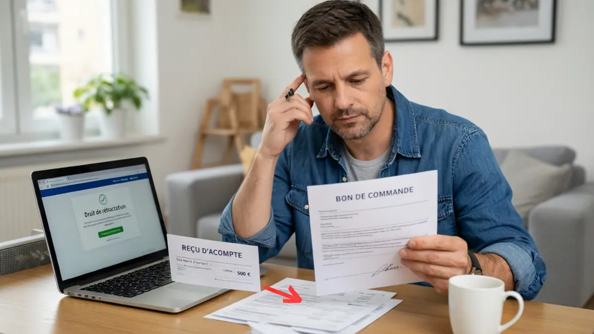 Un homme soucieux examine des documents afin de comprendre comment annuler un bon de commande signé avec acompte