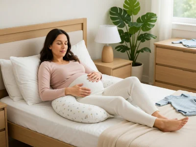 Une femme enceinte allongée sur son lit avec un coussin de grossesse
