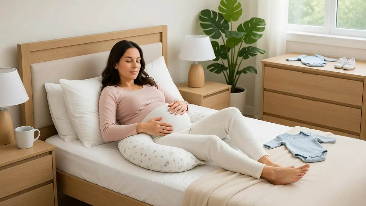 Une femme enceinte allongée sur son lit avec un coussin de grossesse