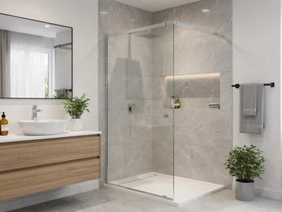 Une salle de bains moderne avec une paroi de douche vitrée et un meuble vasque en bois