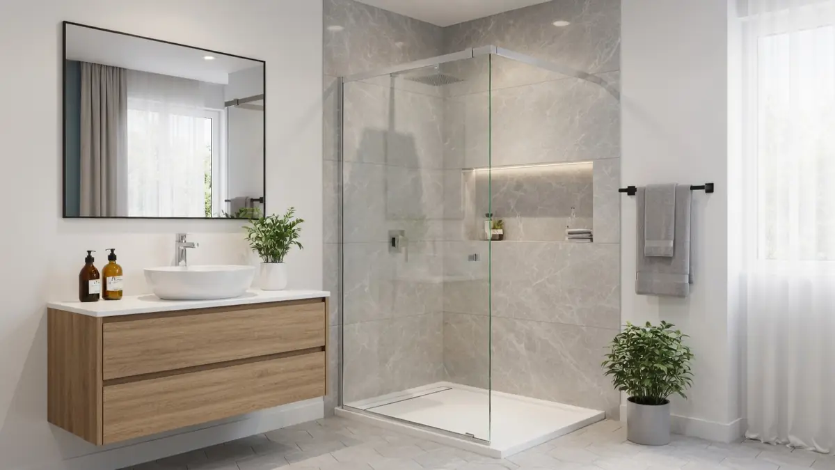 Une salle de bains moderne avec une paroi de douche vitrée et un meuble vasque en bois