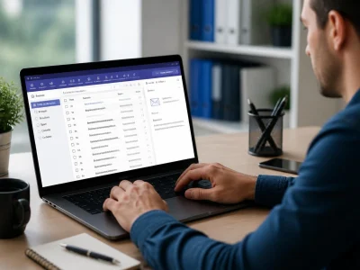 Un homme utilise son ordinateur portable pour consulter sa boîte mail Free au bureau