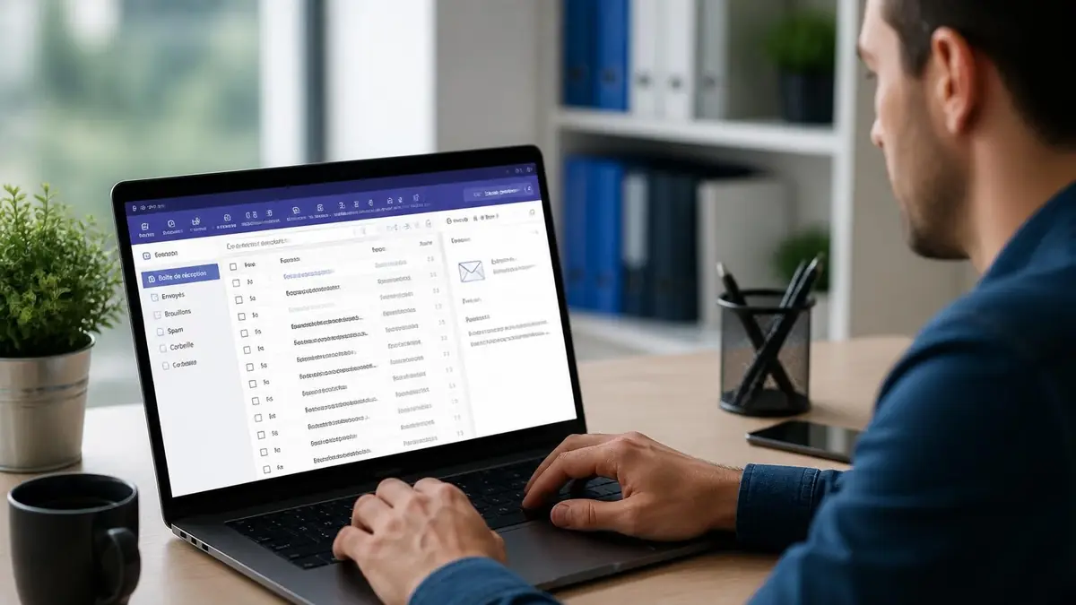 Un homme utilise son ordinateur portable pour consulter sa boîte mail Free au bureau