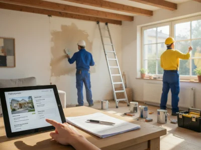 Un particulier consulte un devis travaux Habitatpresto sur tablette pendant des travaux de rénovation.