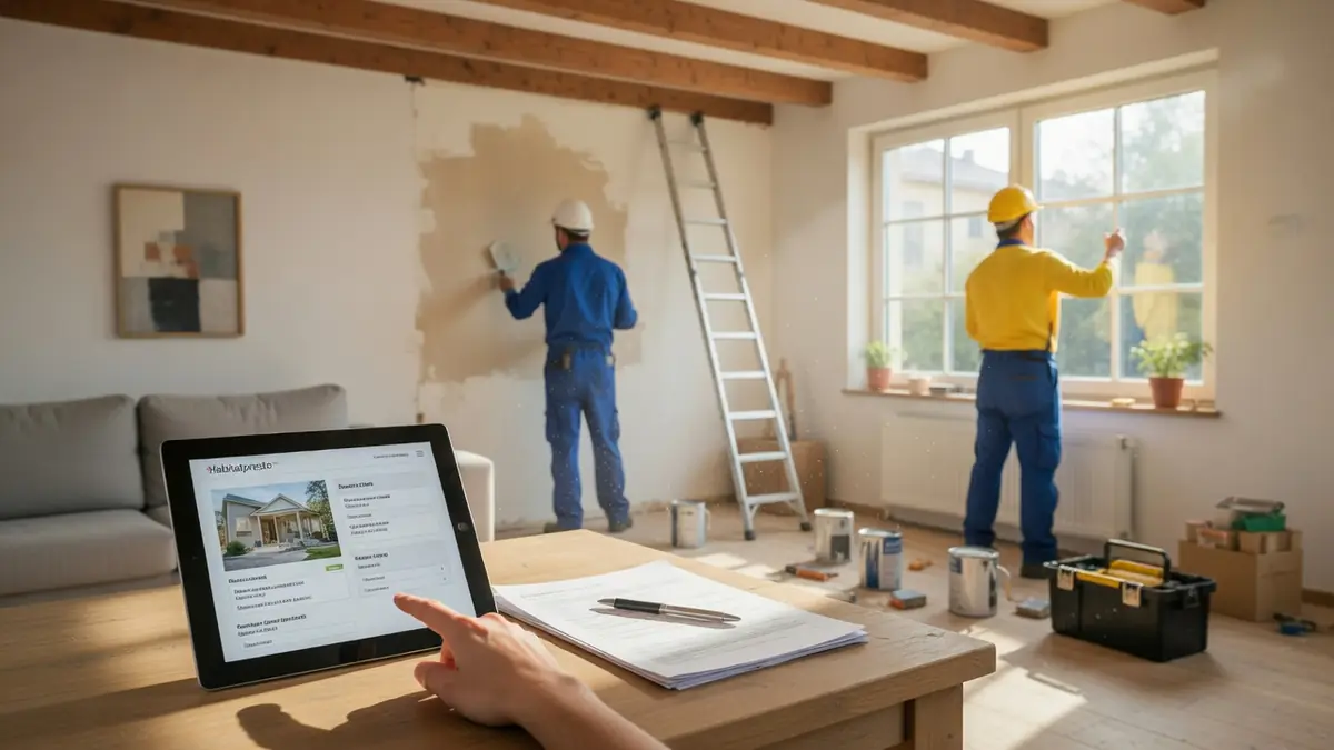 Un particulier consulte un devis travaux Habitatpresto sur tablette pendant des travaux de rénovation.