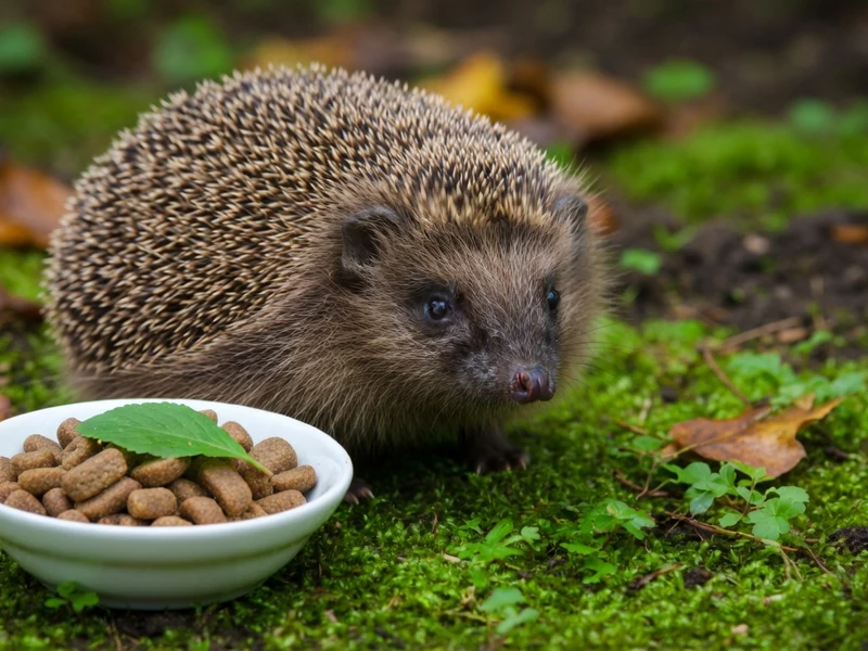 Un hérisson se tient près d'un bol pour nourrir hérisson sur la mousse verte.