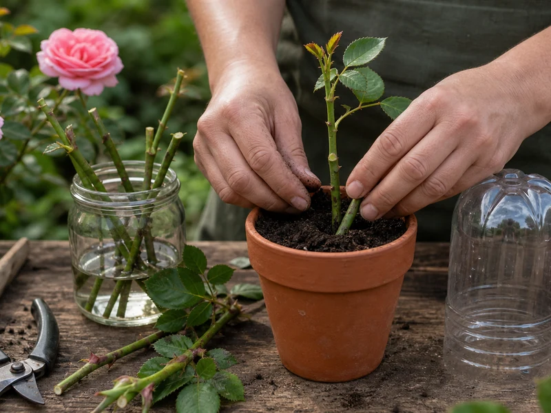Mains de jardinier montrant comment bouturer un rosier dans un pot en terre cuite.
