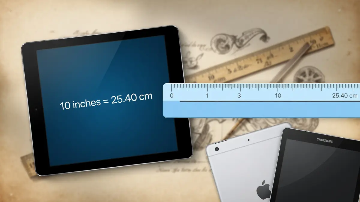 Une tablette tactile illustrant la conversion de 10 pouce en cm avec une règle graduée en arrière-plan