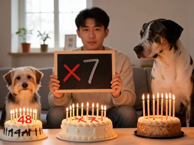 Un homme et deux chiens entourent des gâteaux d'anniversaire pour illustrer comment calculer l'âge d'un chien