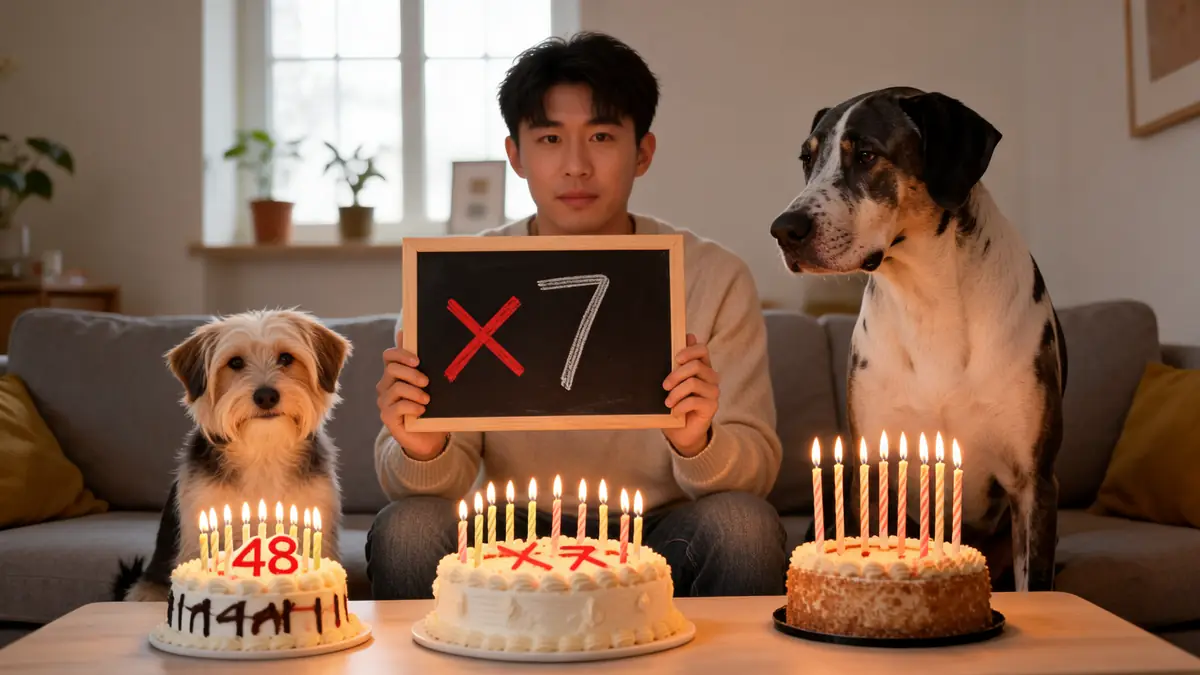 Un homme et deux chiens entourent des gâteaux d'anniversaire pour illustrer comment calculer l'âge d'un chien