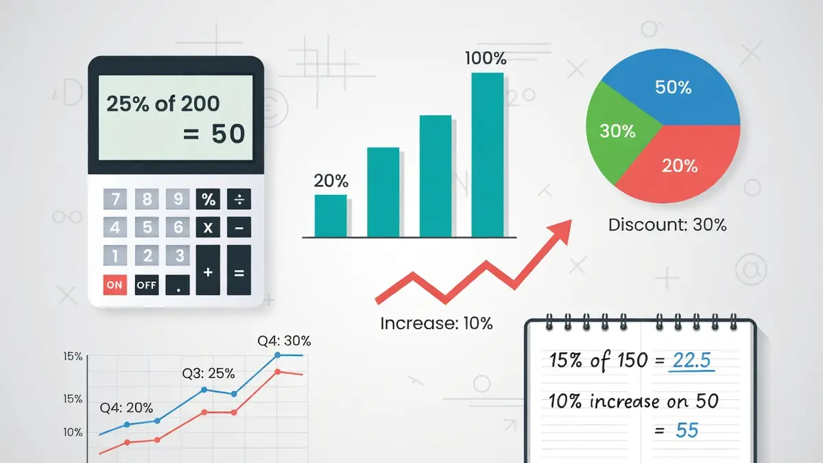 Des éléments visuels comme une calculatrice et des graphiques montrent comment calculer les pourcent