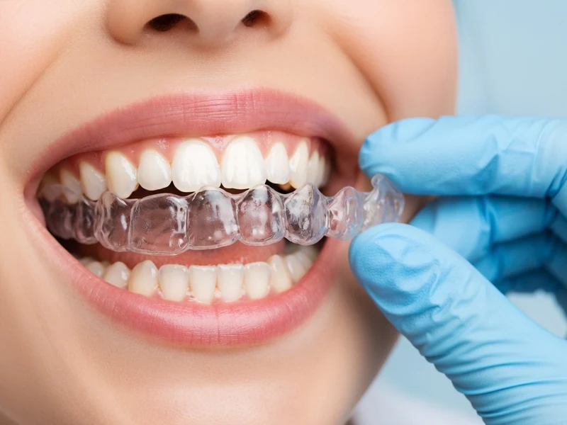 Un dentiste gouttière ajuste une gouttière transparente sur les dents d'un patient