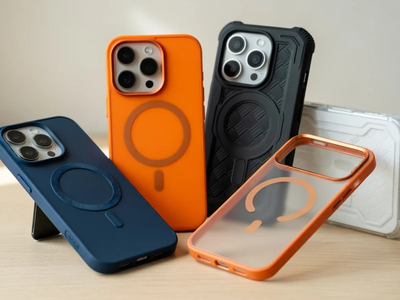 Plusieurs modèles de coque iPhone 17 Pro sont exposés sur une table en bois