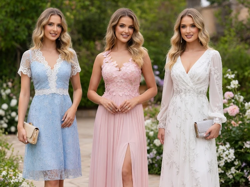 Trois femmes posent dans un jardin avec leur robe femme baptême