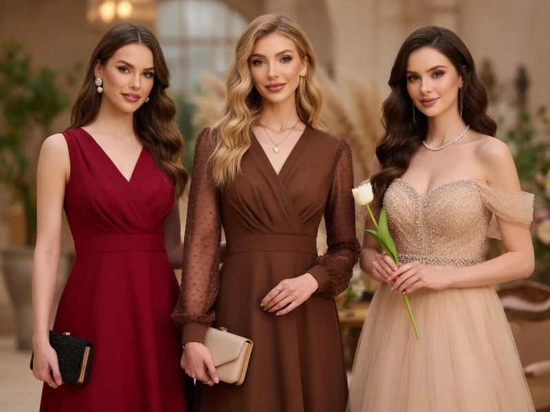 Trois femmes posent ensemble en robe pour cocktail de mariage dans un décor raffiné