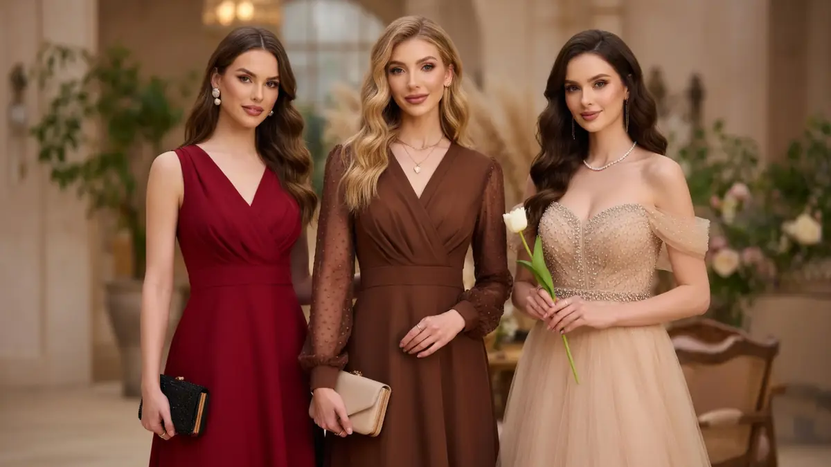Trois femmes posent ensemble en robe pour cocktail de mariage dans un décor raffiné