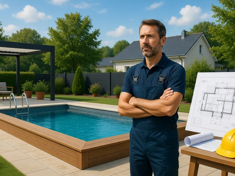 Un pisciniste Rezé pose devant une piscine installée dans un jardin avec des plans de construction sur une table