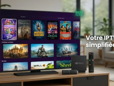 Un grand écran TV dans un salon lumineux présentant des contenus du meilleur IPTV avec une box et télécommande