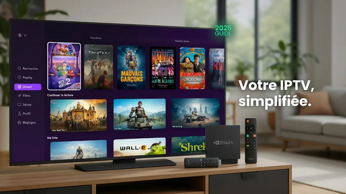 Un grand écran TV dans un salon lumineux présentant des contenus du meilleur IPTV avec une box et télécommande