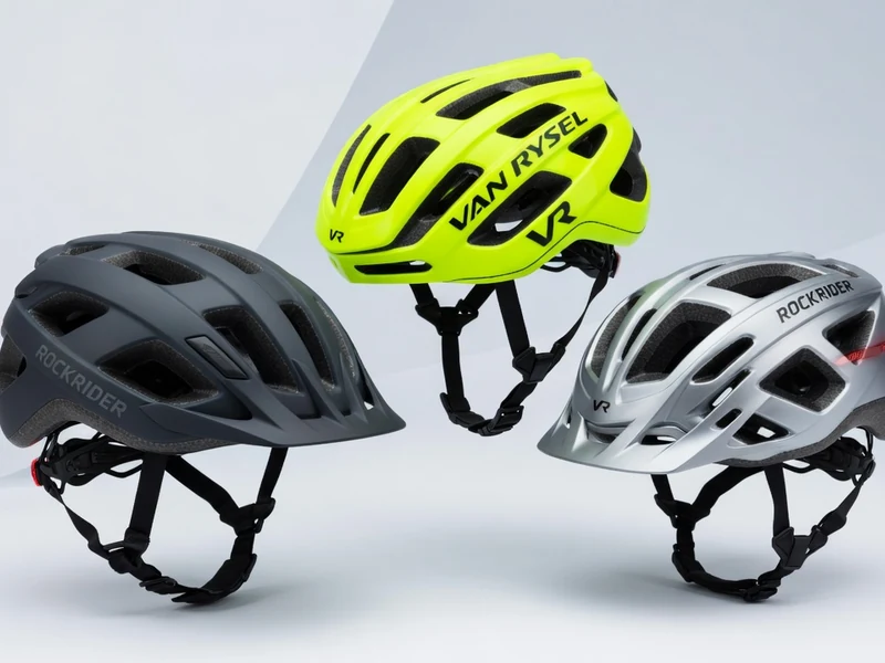 L'image présente trois décathlon casque vélo alignés sur fond clair