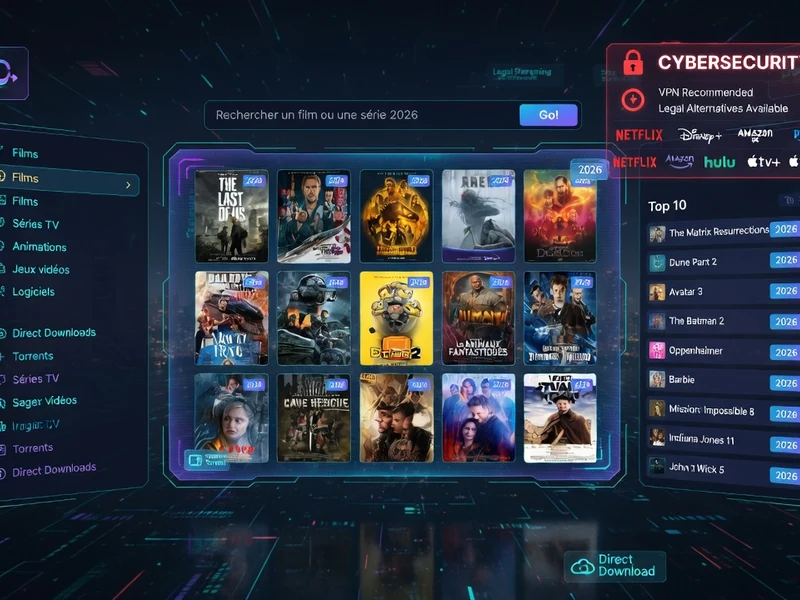 Interface d'un site téléchargement film présentant des affiches de films sur fond urbain futuriste