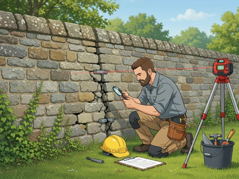 Un professionnel utilise un niveau laser pour consolider un mur en pierre qui penche