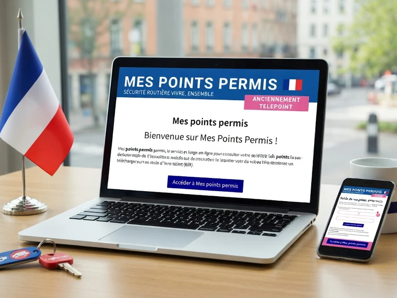 Un ordinateur portable et un smartphone sur une table en bois illustrent comment consulter point du permis