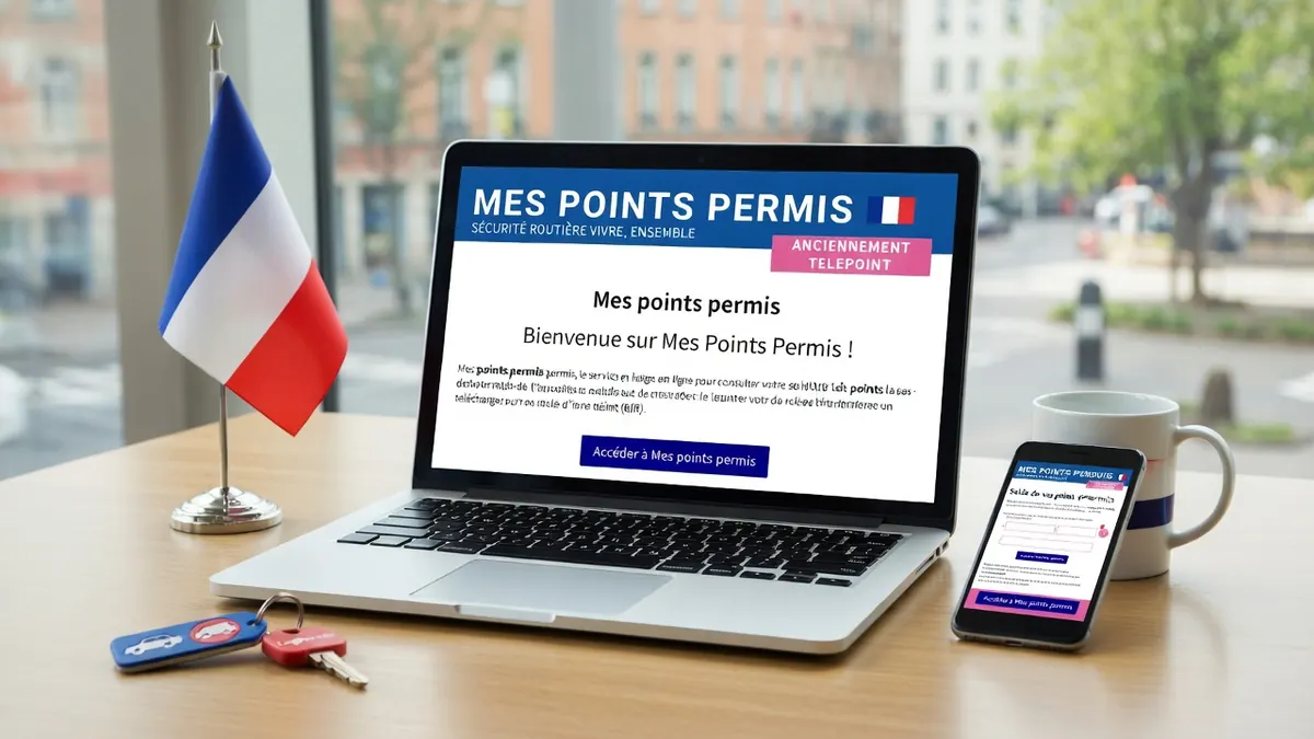 Un ordinateur portable et un smartphone sur une table en bois illustrent comment consulter point du permis
