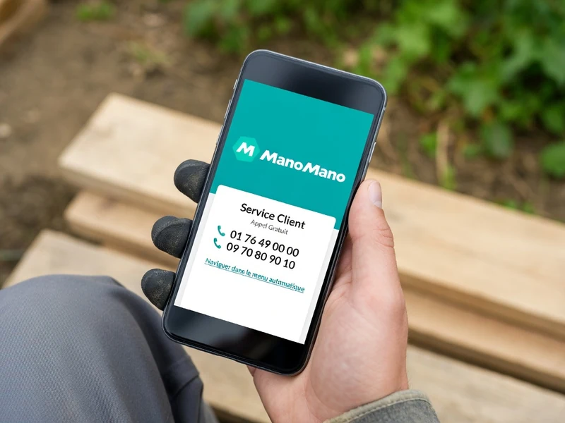 Une main tient un smartphone pour accéder au téléphone service client ManoMano gratuit près de planches de bois.