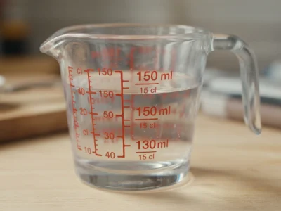 Un verre doseur rempli d'eau illustrant la conversion de 15 cl en ml pour une recette de cuisine