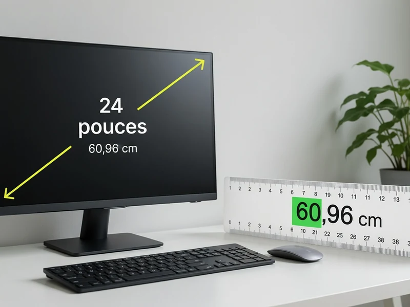 Écran d'ordinateur illustrant la conversion de 24 pouce en cm avec une règle posée sur le bureau