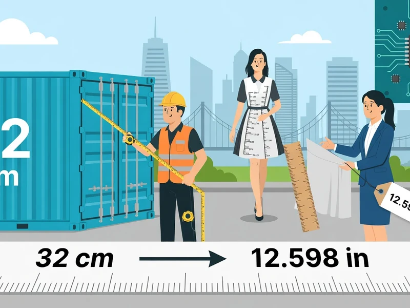 Des professionnels mesurent un conteneur pour illustrer la conversion de 32cm en pouce