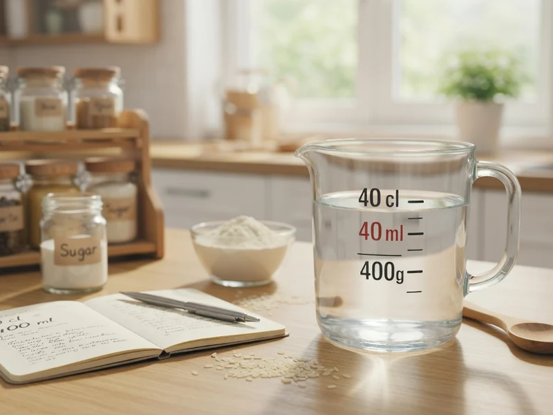Un verre doseur rempli d'eau sur une table de cuisine pour illustrer la conversion de 40 cl en ml