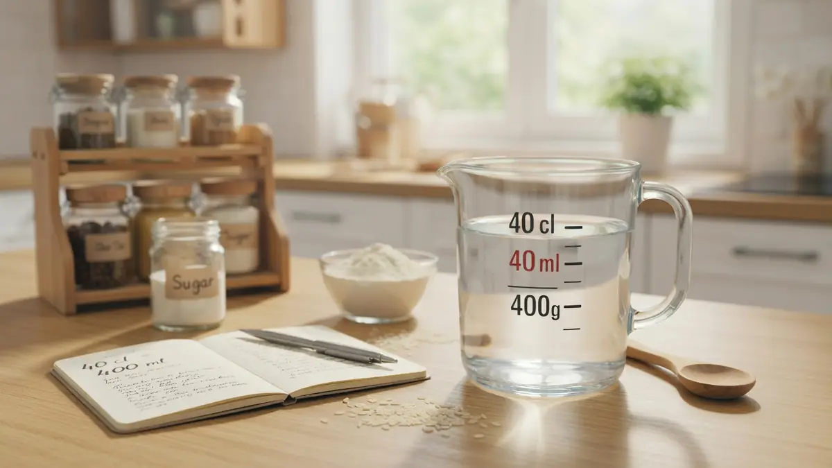 Un verre doseur rempli d'eau sur une table de cuisine pour illustrer la conversion de 40 cl en ml