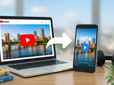 Une flèche relie un ordinateur portable à un smartphone pour convertir YouTube vers mp4