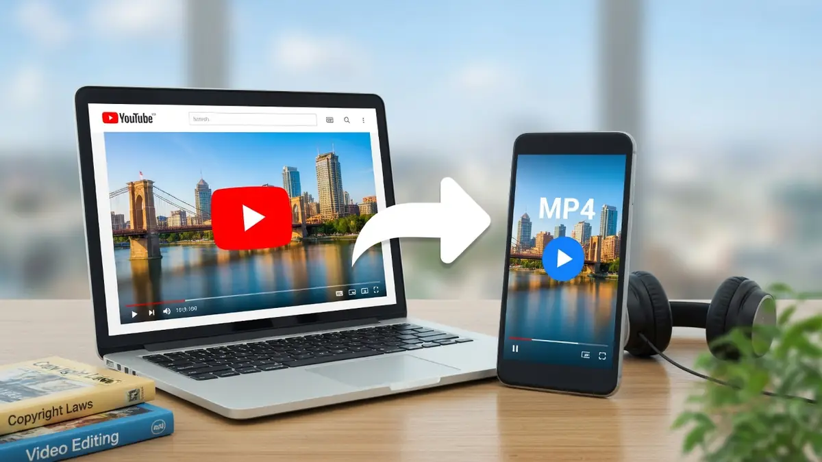 Une flèche relie un ordinateur portable à un smartphone pour convertir YouTube vers mp4