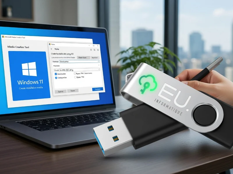 Une main tenant une clé bootable Windows 11 devant un ordinateur portable sur un bureau