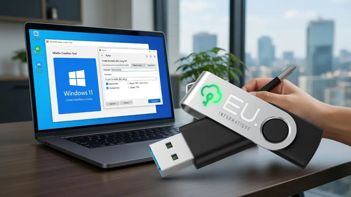 Une main tenant une clé bootable Windows 11 devant un ordinateur portable sur un bureau