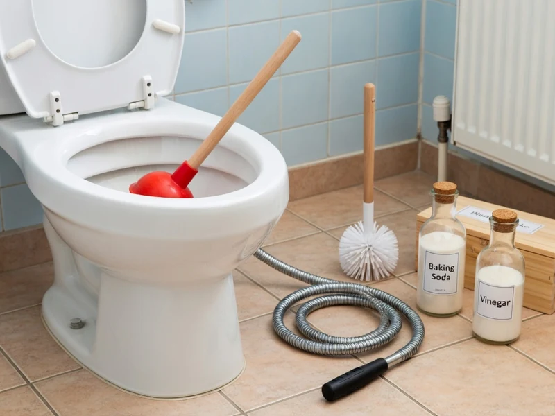 Toilette avec ventouse et outils posés pour déboucher le WC sur un carrelage