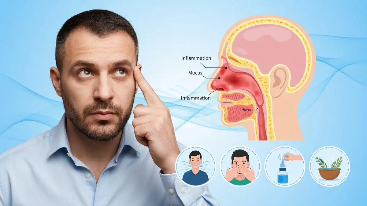 L'image présente un homme et un diagramme nasal sur comment déboucher son nez