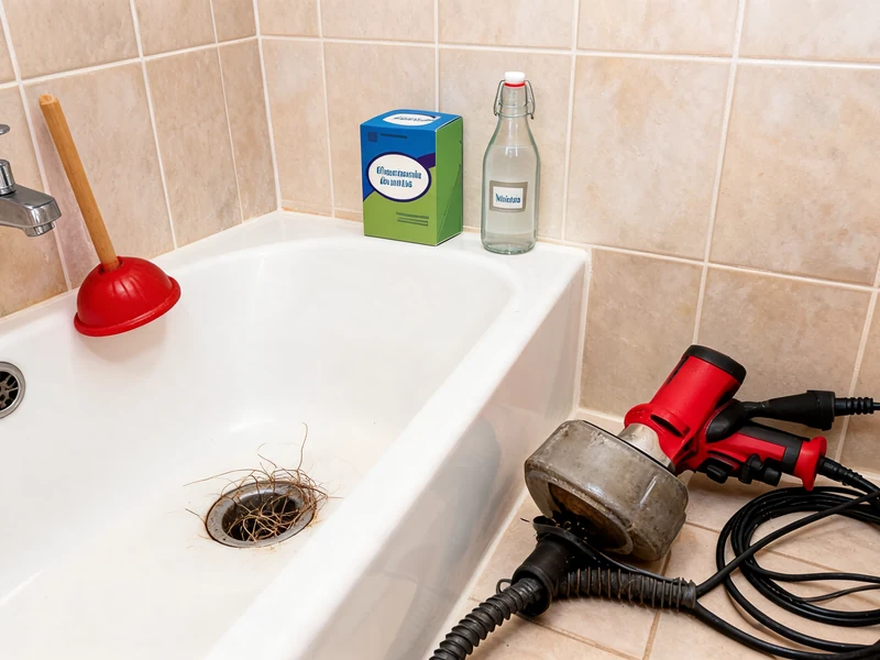 Outils pour déboucher une baignoire disposés dans et autour d'une baignoire