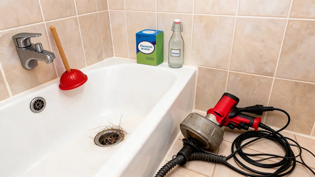 Outils pour déboucher une baignoire disposés dans et autour d'une baignoire